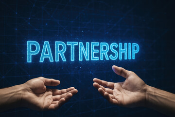 Poster - A conceptual representation collaboration and alliance is shown by two hands reaching out toward a glowing partnership concept in a digital network