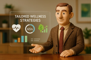 Poster - A professional clay figure demonstrates innovative wellness strategies using data visualization to enhance business performance and growth