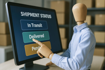 Poster - Progress and decision-making are represented as a wooden mannequin updates shipment status on a digital interface tracking delivery stages