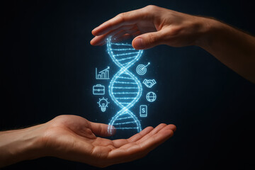 Poster - A glowing DNA helix floats between two hands symbolizing innovation and strategic growth in business development
