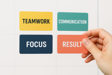 Poster - A arranges colorful stickers symbolizing collaboration effective communication concentrated effort and goal achievement in a business setting