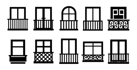 Poster - Balcony and window silhouette icon set. architectural elements in solid style