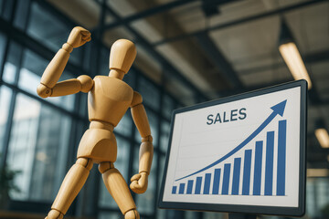 Poster - A wooden mannequin celebrates achievement with a strong fist pump in front a digital sales chart showing impressive upward growth