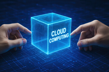 Poster - Innovation and connectivity converge as two hands interact with a glowing digital cube symbolizing cloud computing and virtual collaboration in modern business environments
