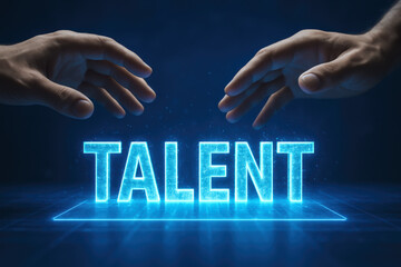 Poster - Innovation and growth emerge as two hands present a glowing digital platform symbolizing talent development
