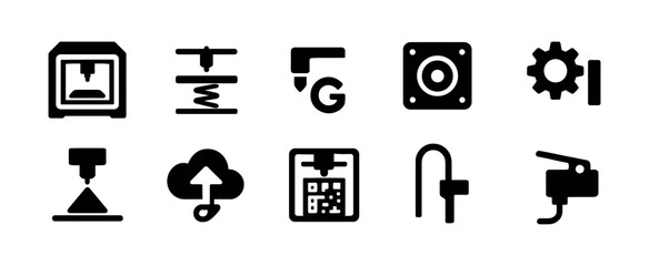 Poster - 3d printing machine solid icon set. technology, equipment, industry vector symbols