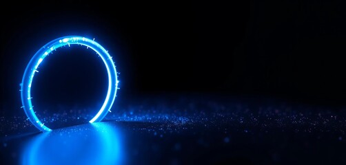 Wall Mural - Glowing blue ring emitting energy particles on dark surface; futuristic digital background, pattern, radiant