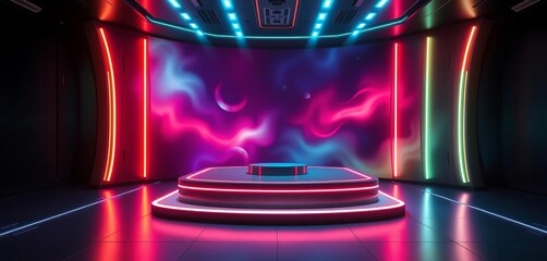 Wall Mural - Futuristic pedestal, neon lights, sci-fi tech display Square platform for product showcase, tech, clean