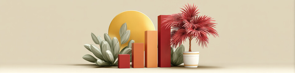 Poster - Digital e commerce growth concept with colorful bar chart and tropical plants in modern minimal style