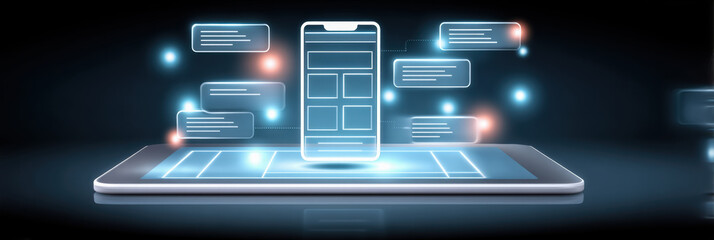 Poster - Digital e commerce concept with smartphone and glowing chat bubbles showing online communication and digital marketing