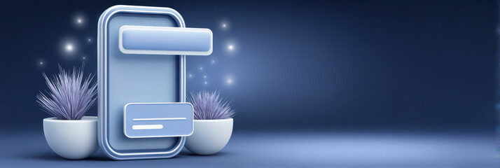 Poster - Digital e commerce concept with smartphone and chat bubbles glowing in blue light with decorative plants in background