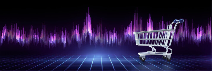 Poster - Ecommerce digital shopping cart with futuristic soundwave and grid background in neon light
