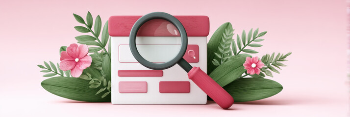 Poster - Ecommerce digital search concept with magnifying glass and floral decoration in soft pink tone for online shopping