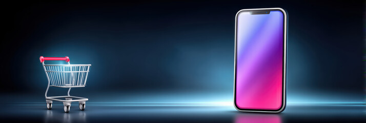 Poster - Ecommerce digital smartphone shopping cart online concept with modern device and colorful screen on dark background