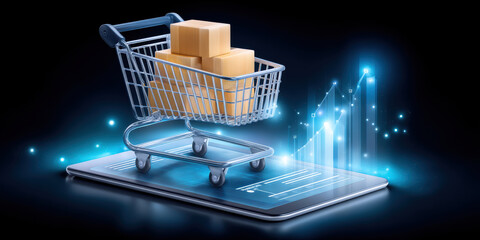 Poster - Ecommerce digital shopping cart with cardboard box on tablet screen and glowing graph chart for online business growth concept