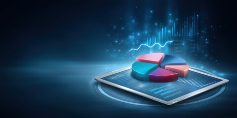 Poster - digital e commerce concept with tablet showing colorful pie chart and data graph in futuristic blue 