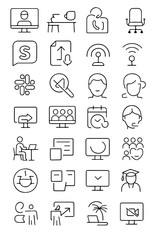 Poster - Set of diverse, minimalist icons related to communication, online meetings, technology, and remote work. The icons are designed in a modern, clean style