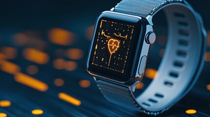 Poster - Stylish Smartwatch Displaying Heart Rate Monitoring Graphic on a Dark Background with Bright Light Effects
