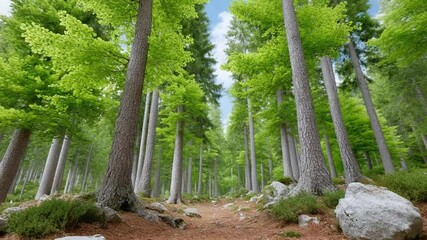 Poster - Forest Trail Adventure: A scenic forest trail winds its way through a lush, verdant canopy of tall trees, bathed in the warm glow of sunlight.