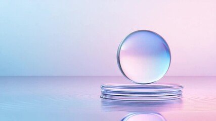 Poster - Floating orb: An ethereal glass orb floats serenely above a translucent platform, basking in the soft interplay of pastel hues, embodying a sense of balance, tranquility, and otherworldly beauty.