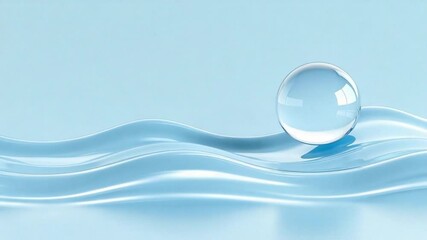 Poster - Water Sphere: A perfect sphere of crystal clear water sits atop a flowing, rippled surface, its transparent nature reflecting the serene blue backdrop