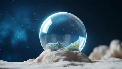 Poster - Glass Sphere Landscape: A crystal clear glass sphere rests on a sandy dune, encapsulating a miniature landscape of mountains.  The scene is set against a dark blue, star-dusted backdrop.