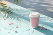 © PixelNest - Pink paper cup sits on blue surface among scattered flower petals and palm shadows in bright sunlight, creating a peaceful, relaxing scene.