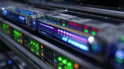 Poster - Server racks with blinking colorful lights processing data in a futuristic datacenter, representing innovation and technology in computer science