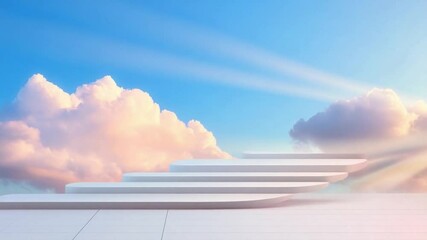 Poster - Stairway to the Sky: A serene image of an ascending staircase reaching towards a vibrant sky filled with fluffy clouds, representing aspirations and upward mobility.