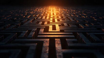 Poster - Intricate Maze Pattern with Soft Glowing Light at the End Creating a Mystical Pathway in the Dark