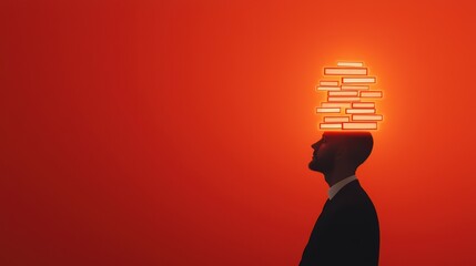 Poster - Silhouette of Businessman with Conceptual Blocks Above Head on Vibrant Orange Background