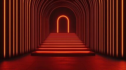 Poster - Futuristic Neon Archway with Illuminated Staircase in Dark Environment