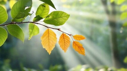 Poster - Golden Autumn Leaves: Sunbeams illuminate three vibrant autumn leaves clinging to a branch, showcasing the beauty of the changing season.
