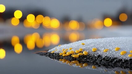 Aufkleber - Winter Reflections: Close-up of snow, with drops of dew on the surface reflect a golden bokeh of street lights. An atmospheric, serene landscape.