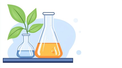Poster - Laboratory Equipment with Flask and Beaker, Green Leaves, Chemical Experiment, Science and Nature Concept Illustration