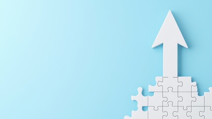 Poster - White Puzzle Pieces with an Upward Arrow Symbolizing Growth and Progress on a Light Blue Background