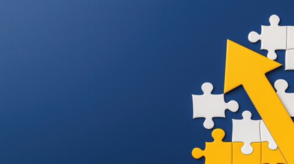 Poster - Yellow Arrow Pointing Upward Among White Puzzle Pieces on Blue Background for Growth Concept