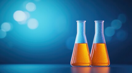 Poster - Colorful Laboratory Flasks with Liquid on a Bright Blue Background for Scientific Research and Experimentation Purposes