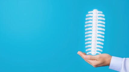 Poster - Hand Holding Transparent Spine Model with Blue Background for Medical and Educational Use in Anatomy and Health Fields
