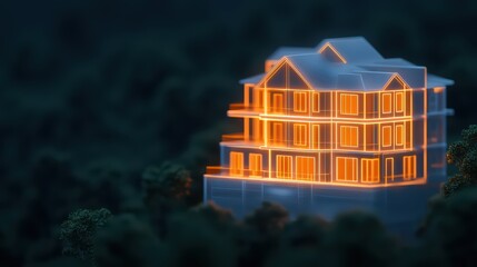 Poster - Modern Architectural Design Visualization of a House with Glowing Features Surrounded by Nature