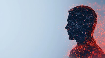 Poster - Silhouette of a Human Profile Composed of Digital Connections and Abstract Network Visualizations in Red and Blue Tones