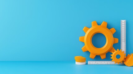 Poster - Vibrant 3D Yellow Gears with Measuring Ruler on a Bright Blue Background for Design and Engineering Concepts
