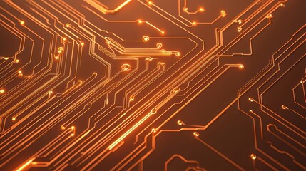 Poster - Abstract close-up of glowing circuit board with orange lines and lights showcasing technology and electronic connection intricacies