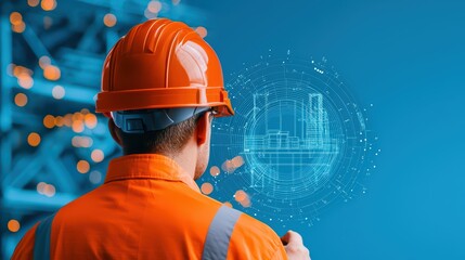 Poster - Professional Worker in Orange Helmet Viewing Digital Construction Data Interface Against Blue Background