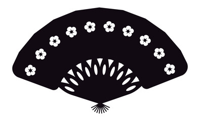 Poster - Handheld fan featuring elegant white floral decorations against a striking black background, embodying cultural heritage and timeless beauty in traditional design