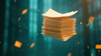 Poster - Floating stack of yellow paper sheets against a blurred blue background with falling confetti and abstract bokeh effects