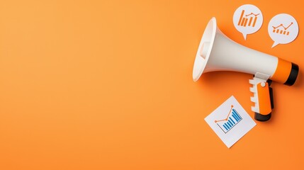 Poster - Megaphone with Charts on Orange Background for Business Promotion and Marketing Communication
