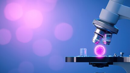 Poster - Close-up View of a Scientific Microscope Focused on a Crystal Sphere Against a Soft Purple Background with Bokeh Effects