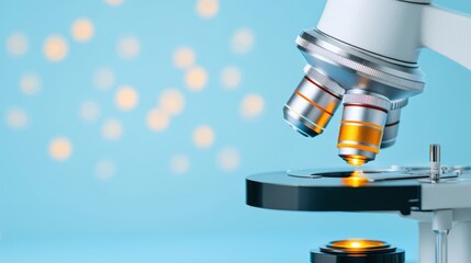 Poster - Close-Up View of a Modern Microscope with Bright Background and Shiny Optical Elements for Science and Education Concepts