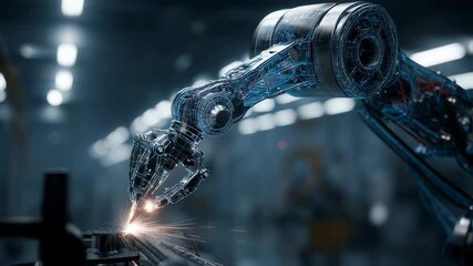 Poster - advanced robotic arm utilizing cutting edge laser welding technology within a futuristic automated p